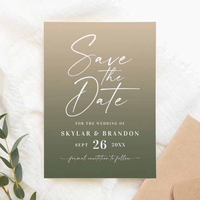 Simple Ombre Gradient Gold & Forest Green Wedding Save The Date (Creator Uploaded)