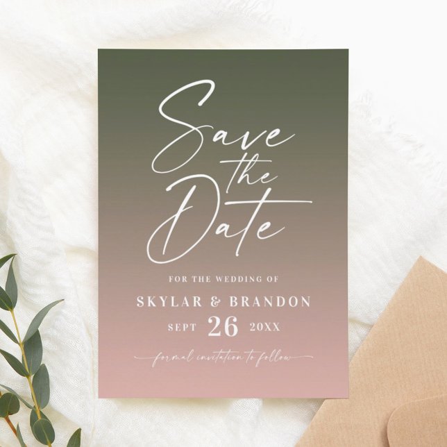 Simple Ombre Gradient Pink & Dark Green Wedding Save The Date (Creator Uploaded)