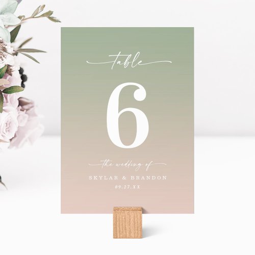 Simple Ombre Leaf Green  Light Pink Wedding Table Number