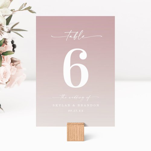 Simple Ombre Mauve Pink  Gardenia White Wedding Table Number