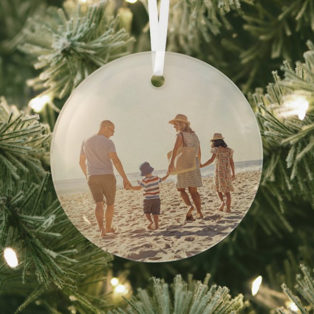 Simple One Christmas Photo Round Glass Ornament (Insitu)