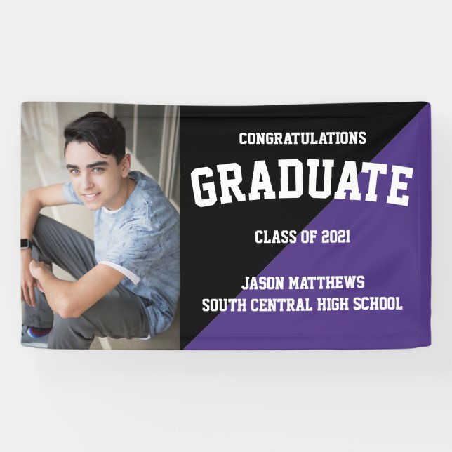 Simple One Photo Black Purple Graduation Banner (Horizontal)