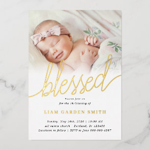 Simple One Photo Blessed Baptism Gold Foil Invitation