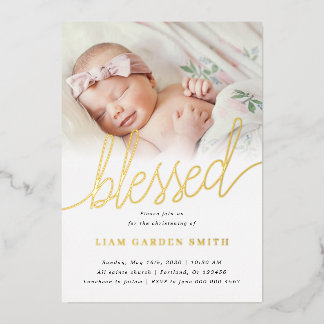 Simple One Photo Blessed Baptism Gold Foil Invitation