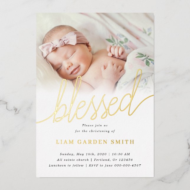Simple One Photo Blessed Baptism Gold Foil Invitation (Front)