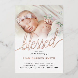 Simple One Photo Blessed Baptism Rose Gold  Foil Invitation