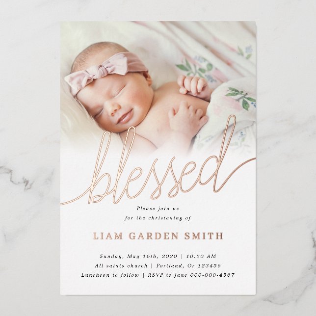 Simple One Photo Blessed Baptism Rose Gold  Foil Invitation (Front)