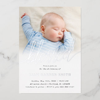 Simple One Photo Blessed Baptism Silver Foil Invitation