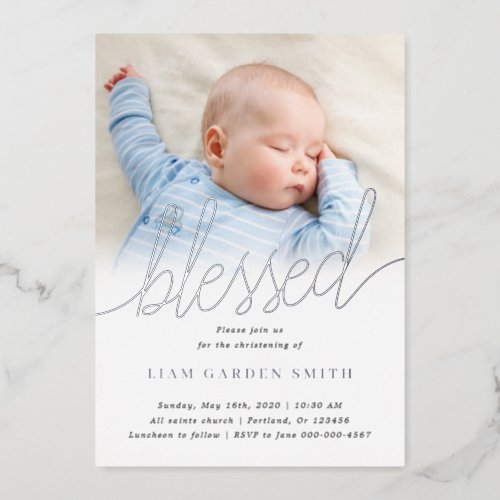 Simple One Photo Blessed Baptism Silver Foil Invitation