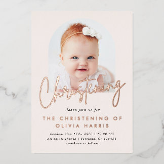 Simple One Photo Christening Baptism Rose Gold Foil Invitation