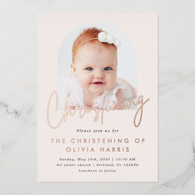 Simple One Photo Christening Baptism Rose Gold Foil Invitation (Front)