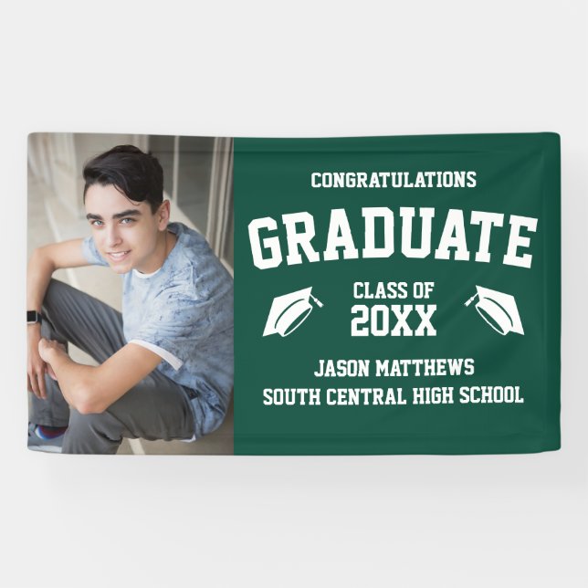 Simple One Photo Medium Green Graduation Banner (Horizontal)