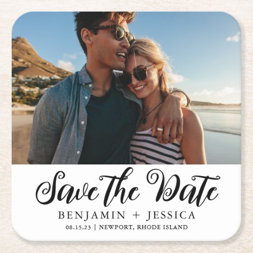 Simple One Photo Wedding Save the Date Black Square Paper Coaster