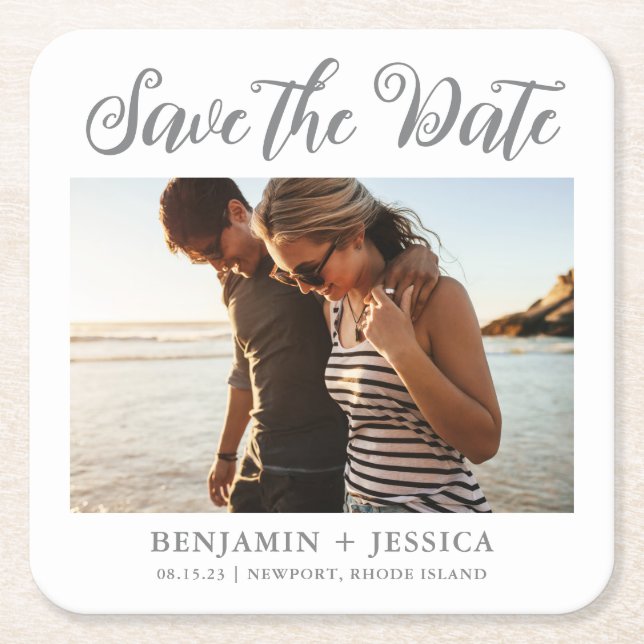 Simple One Photo Wedding Save the Date Square Paper Coaster (Front)