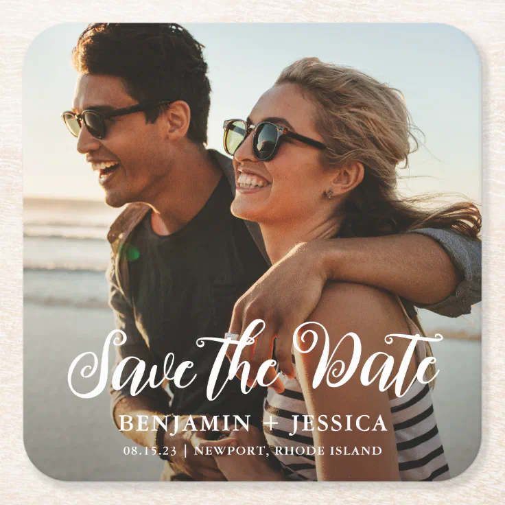 Simple One Photo Wedding Save the Date Square Paper Coaster