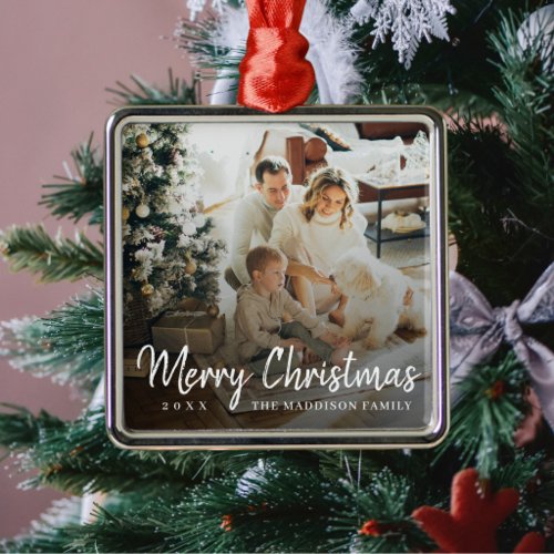 Simple One Sided Script Merry Chirstmas Photo Metal Ornament
