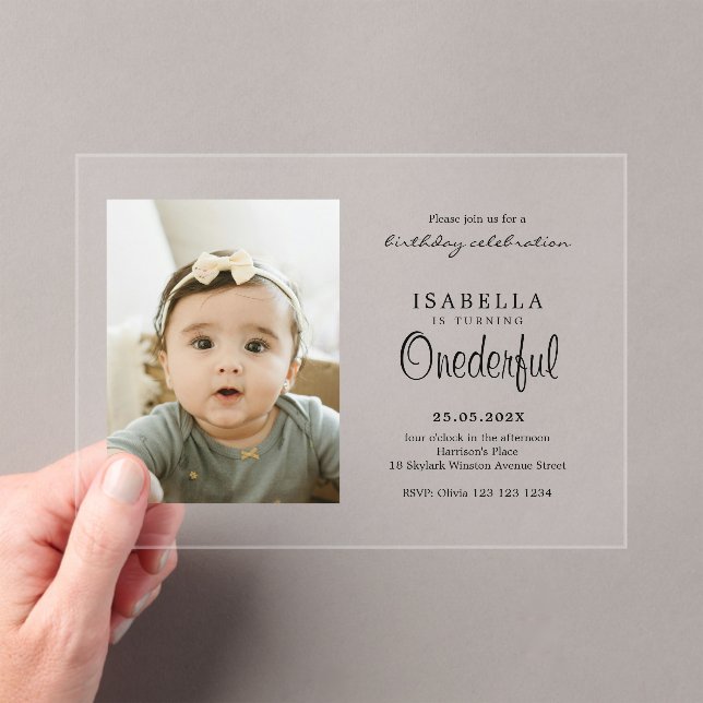Simple ONEderful Photo Birthday Acrylic Invitations (Insitu (Handheld))