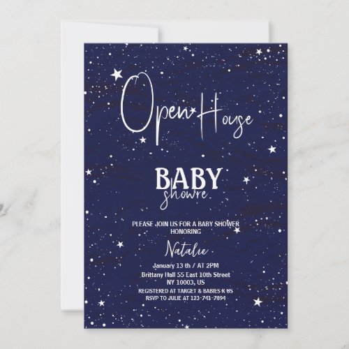 simple open house navy blue stars baby shower invitation