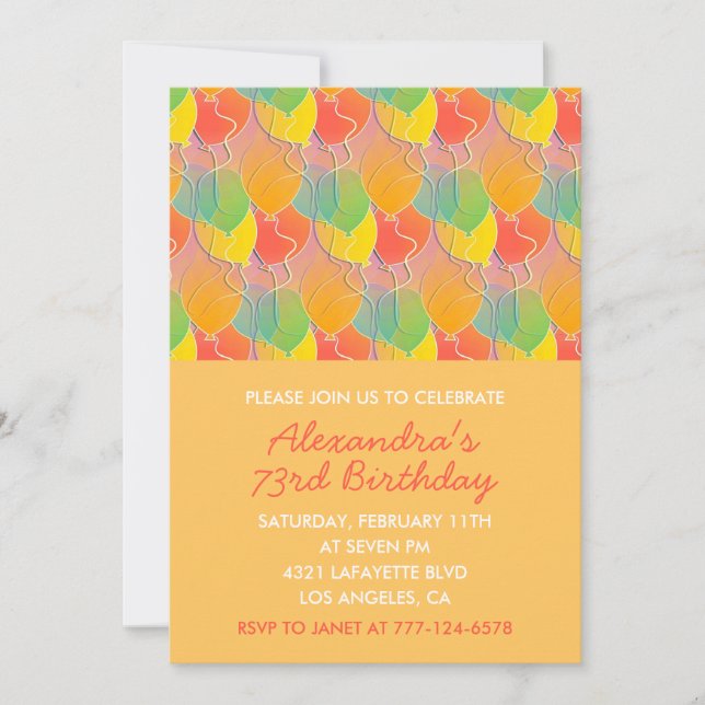 Simple Orange Balloons 73rd birthday Invitation (Front)