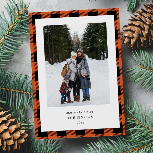 Simple Orange Black Plaid  2 Photos Christmas Holiday Card (Creator Uploaded)