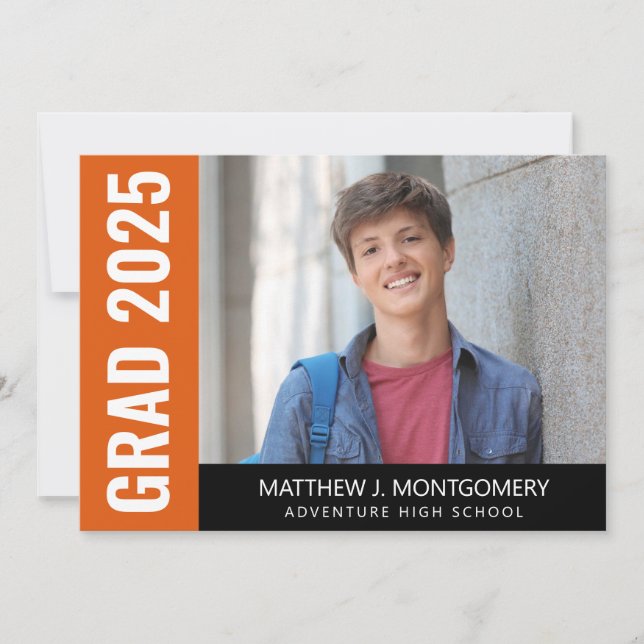 Simple Orange Black White Script Photo Graduate Announcement (Front)