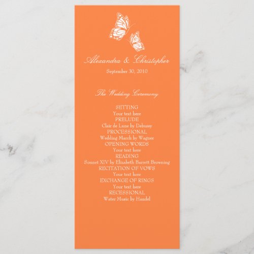 Simple Orange Butterflies Wedding Program