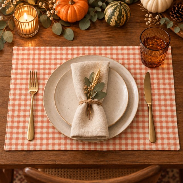 Simple Orange Classic Gingham Pattern Table Cloth Placemat (Orange gingham cloth placemat with cozy farmhouse charm for fall dining.)