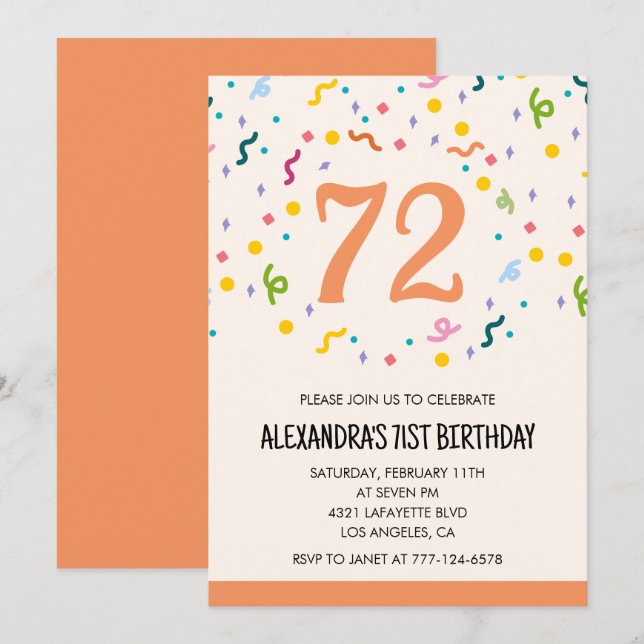 Simple Orange Confetti 72nd birthday invitations  (Front/Back)