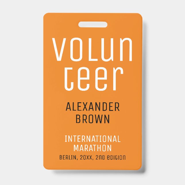 Simple Orange Event Volunteer QR Code Name ID Badge (Front)