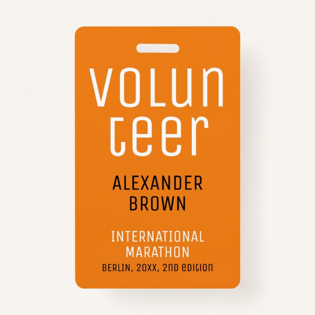Simple Orange Event Volunteer QR Code Name ID Badge (Front)