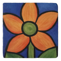 Simple Orange Flower On Blue Trivet