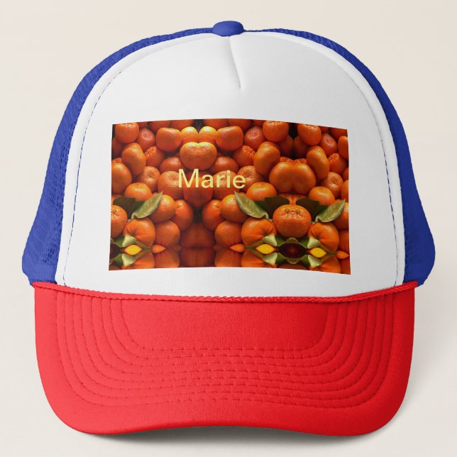 Simple orange fruit add name minimal custom  th th trucker hat (Front)