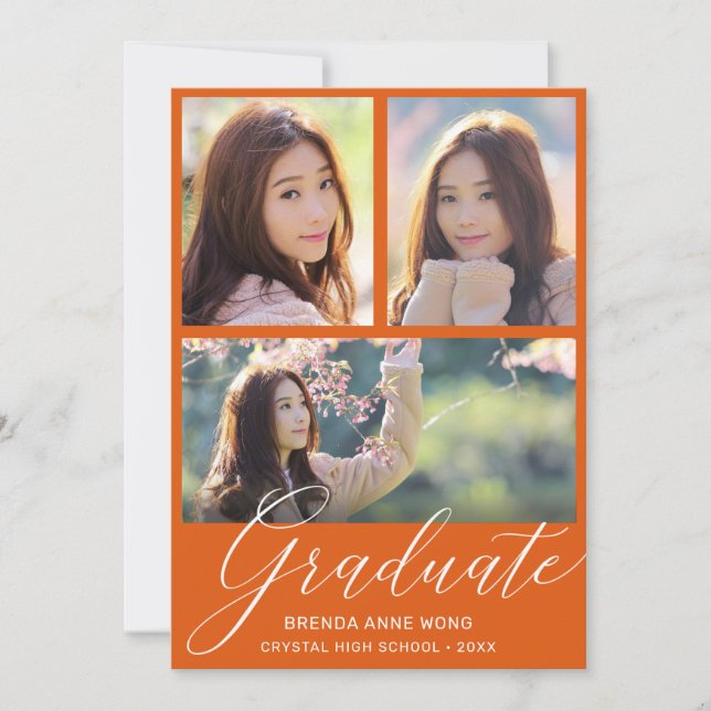 Simple Orange Graduate Photo Collage White Script Announcement (Front)