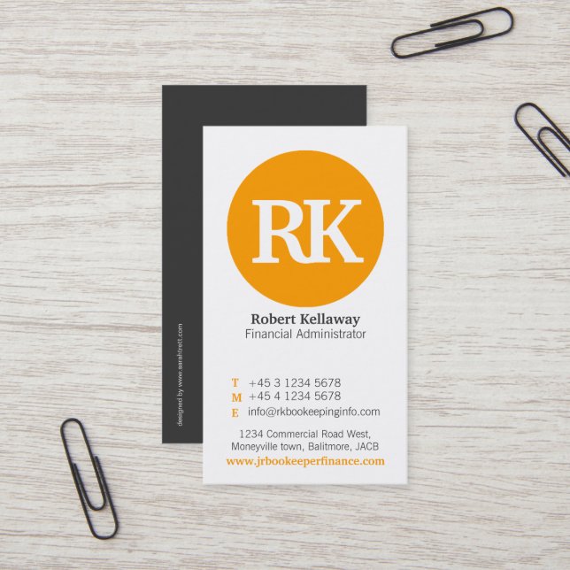 Simple orange, grey & white circle business card (Front/Back In Situ)