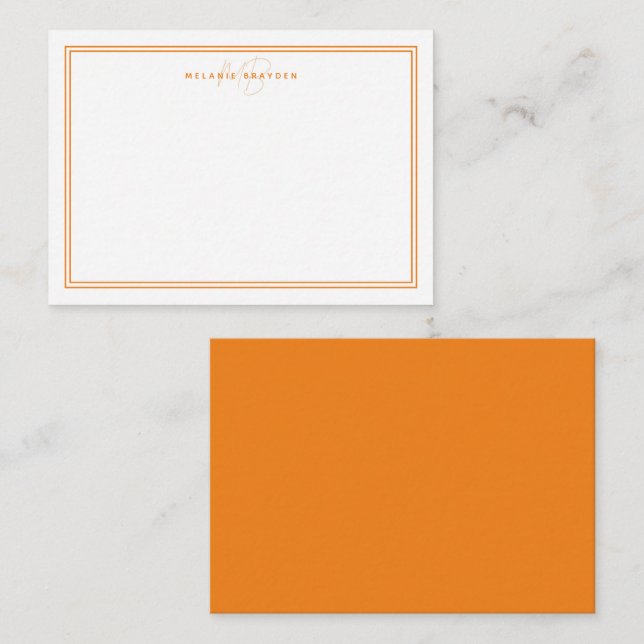 Simple Orange Minimalist Monogram Two Border Note Card (Front/Back)