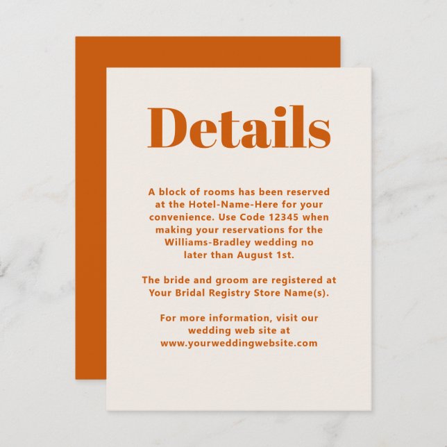 Simple Orange Modern Minimalist Wedding Details Enclosure Card (Front/Back)