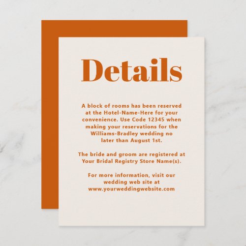 Simple Orange Modern Minimalist Wedding Details Enclosure Card