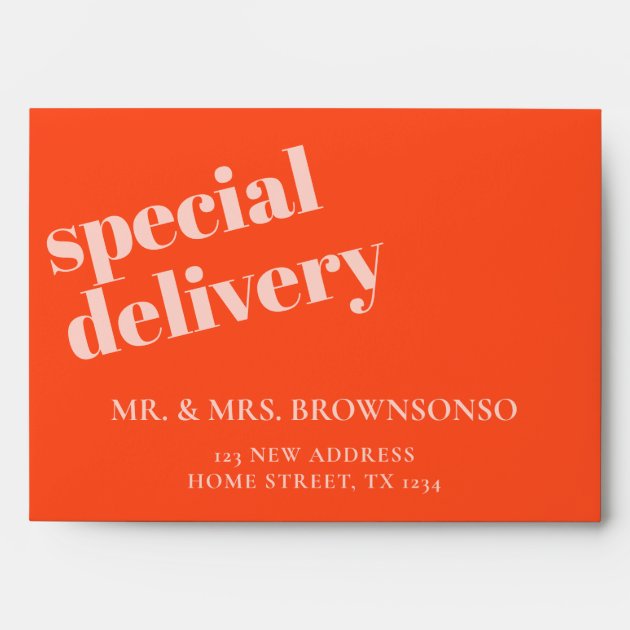 Simple orange new home special delivery newly weds envelope
