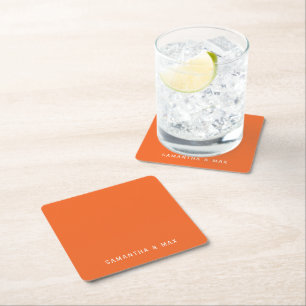 Simple Orange Personalized Modern Wedding Square Paper Coaster
