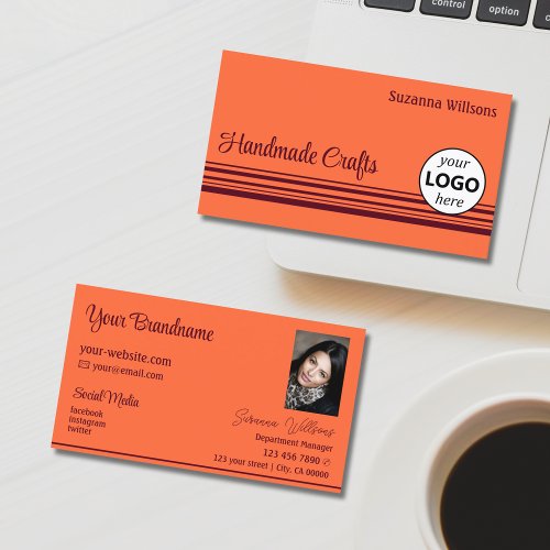 Simple Orange Red Decor Stripes Logo and Photo Business Card