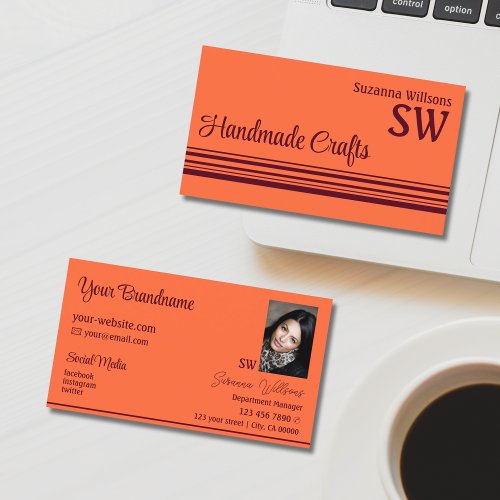 Simple Orange Red Decor Stripes Monogram and Photo Business Card