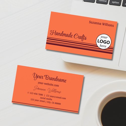 Simple Orange Red Decor Stripes with Logo Classic Business Card