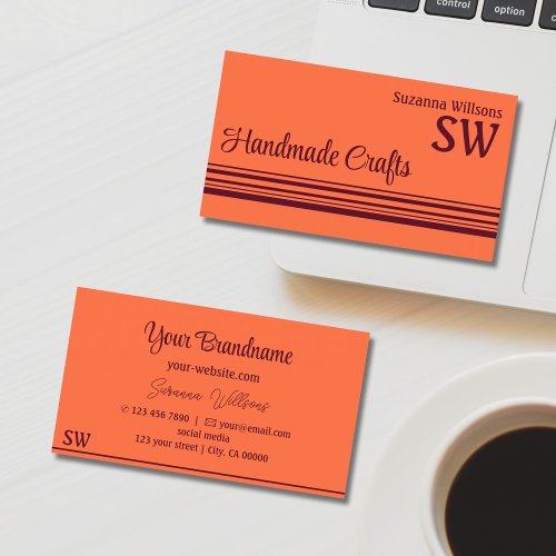 Simple Orange Red Decor Stripes with Monogram Chic Business Card