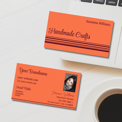 Simple Orange Red Decor Stripes with Photo Classic Business Card
