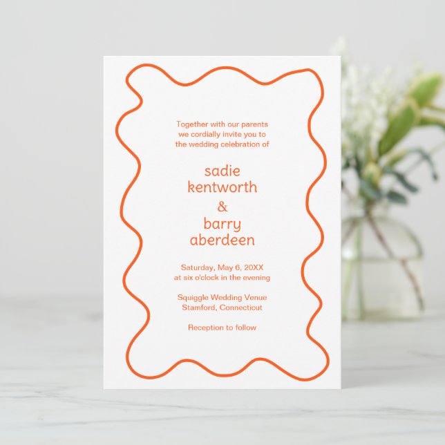 Simple Orange Squiggle Frame Modern Wedding Invitation (Standing Front)