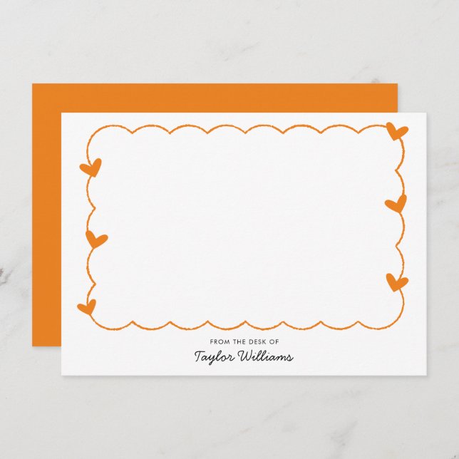 Simple Orange Wavy Border Heart Stationery Note Card (Front/Back)