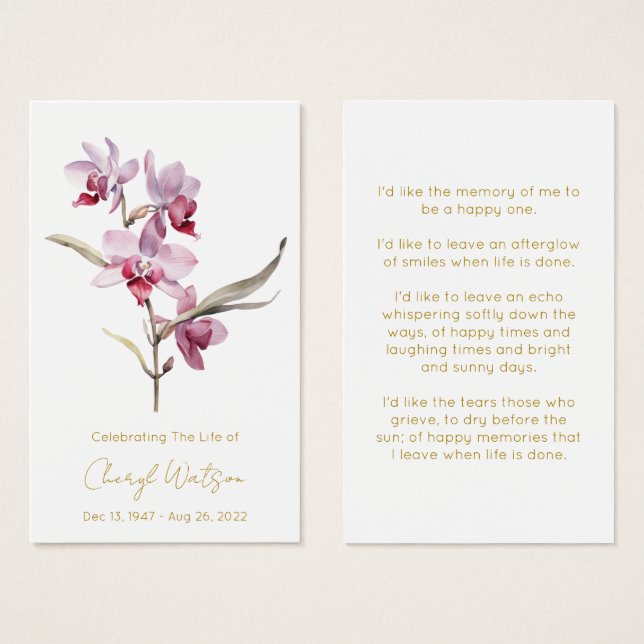 Simple Orchid Funeral Memorial Prayer Card (Front & Back)