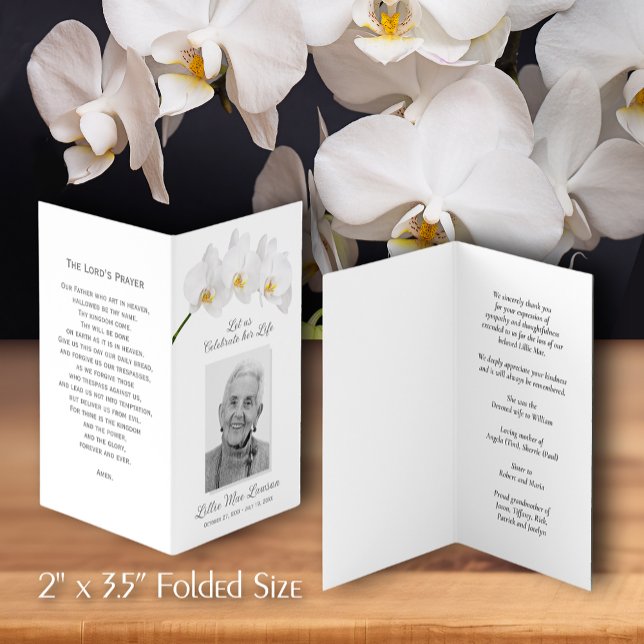 Simple Orchid Funeral Memorial Prayer Photo Card (Simple 2 x 3.75" folded funeral memorial prayer cards with a photo on the front. )