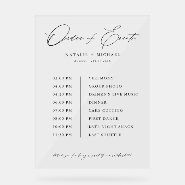 Simple Order Of Events Wedding Schedule Timeline Acrylic Sign (Front)