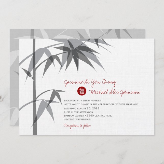 Simple Oriental Bamboo Tree Modern Chinese Wedding Invitation (Front/Back)